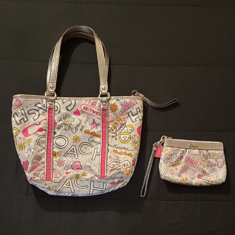 Coach Poppy Butterfly Pink/Silver Tote+Matching Wristlet. Can Sell Seperate